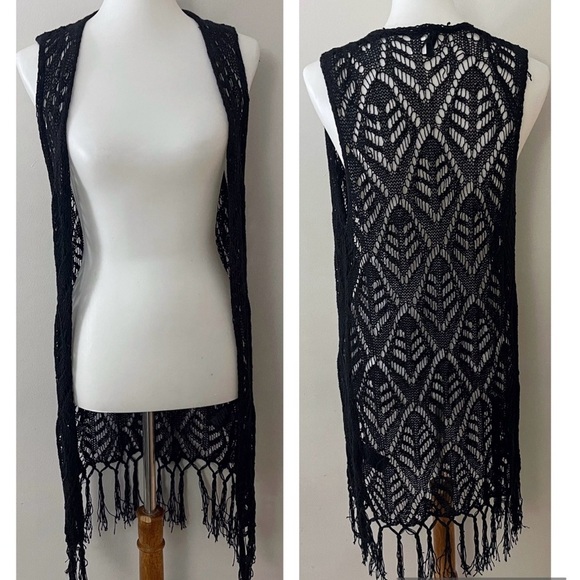 H&M Y2K Black Crochet Fringe Vest Boho Festival Hippie - Picture 1 of 4